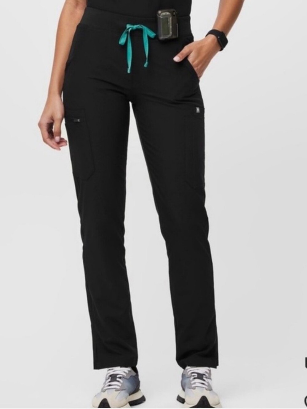 Figs Straight Leg Scrub Pants in Black with Teal Drawstring